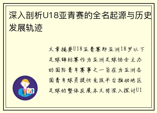 深入剖析U18亚青赛的全名起源与历史发展轨迹