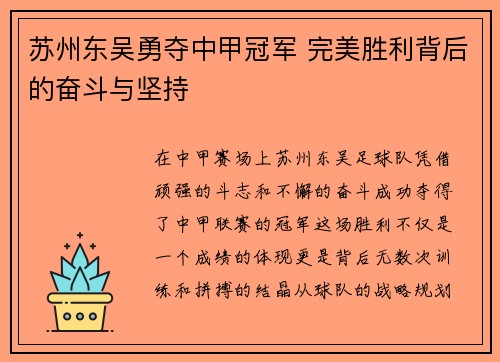 苏州东吴勇夺中甲冠军 完美胜利背后的奋斗与坚持